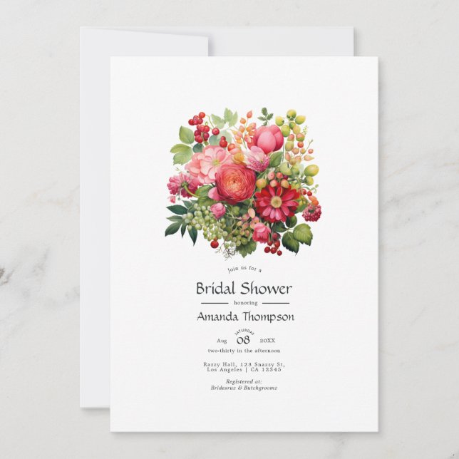 Invitation Fête de mariage floral rouge, rose et vert (Devant)