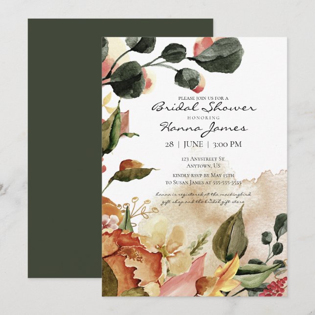 Invitation Fête de Mariage Florale à l'Aquarelle d'Automne (Devant / Derrière)