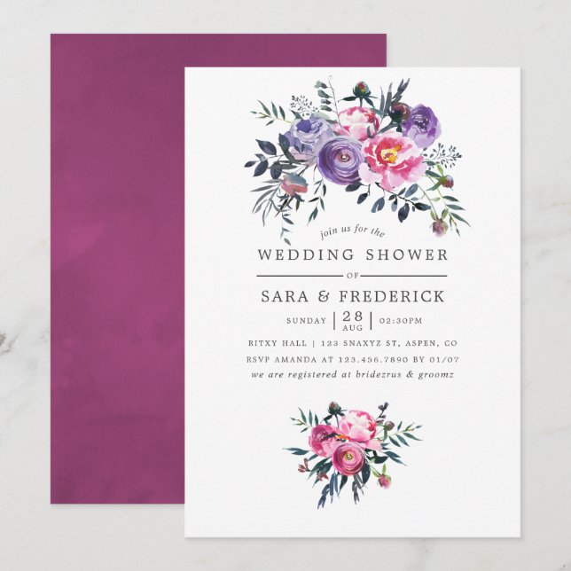 Invitation Fête de mariage Florale à l'aquarelle prune et ros (Devant / Derrière)