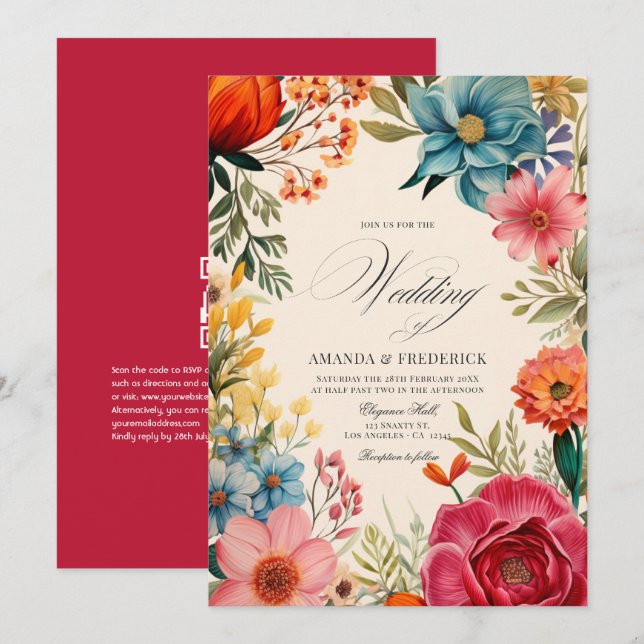 Invitation Fête de mariage florale aquarelle avec code QR (Devant / Derrière)