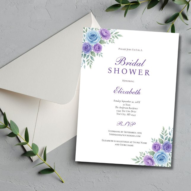 Invitation Fête de mariage Florale Aquarelle Bleu Violet (Purple blue watercolor floral bridal shower invitation. Couples Wedding Shower)