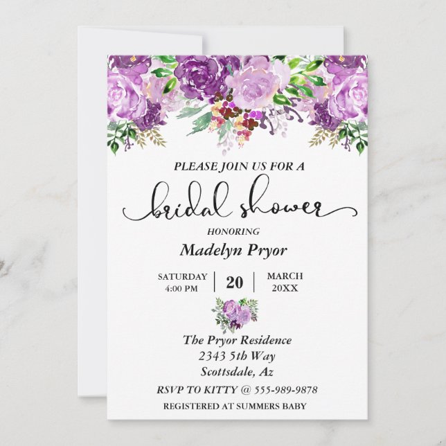 Invitation Fête de mariage Florale Aquarelle Lilas Violet (Devant)
