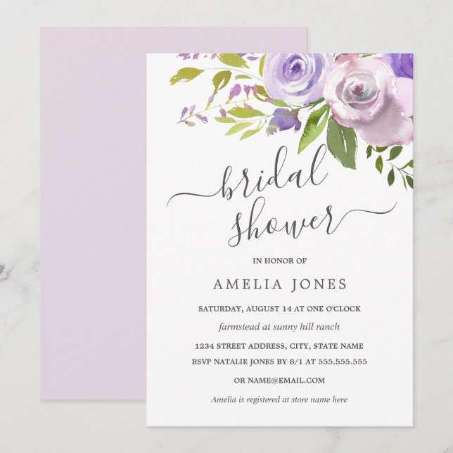 Invitation Fête de mariage florale aquarelle violette (Devant / Derrière)