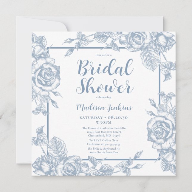 Invitation Fête de Mariage Florale Bleu Poussiéreux (Devant)