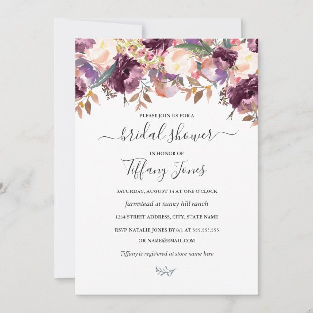 Invitation Fête de mariage Florale Bourguignon Violet (Devant)