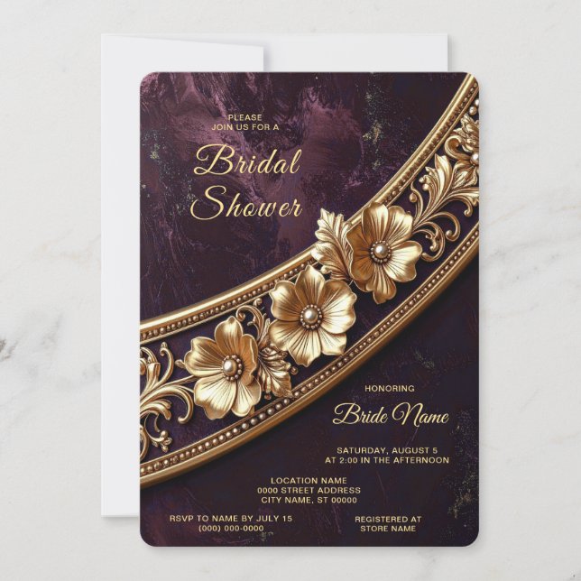 Invitation Fête de Mariage Florale Dorée Ornée (Devant)