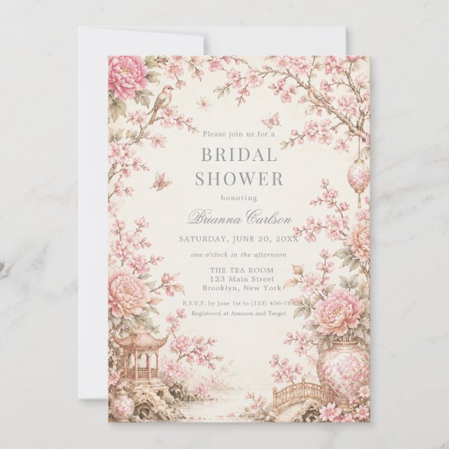 Invitation Fête de mariage florale en chinoiserie rose (Devant)