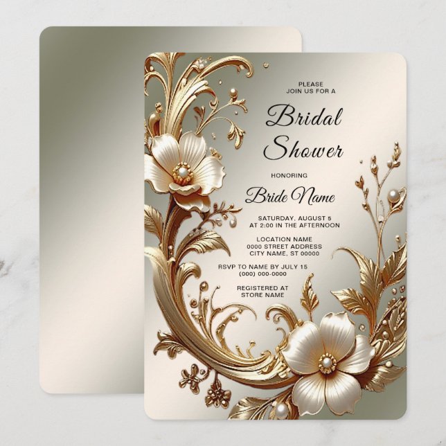 Invitation Fête de mariage florale en or (Devant / Derrière)