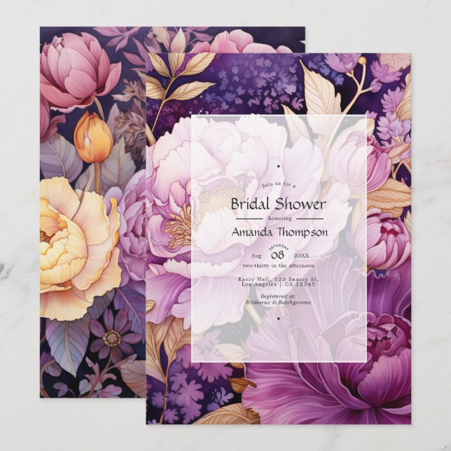 Invitation Fête de Mariage Florale Mauve et Or (Devant / Derrière)