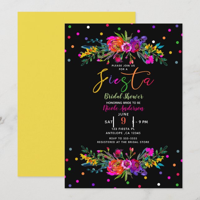 Invitation Fête de Mariage Florale Moderne Brillante et Noire (Devant / Derrière)