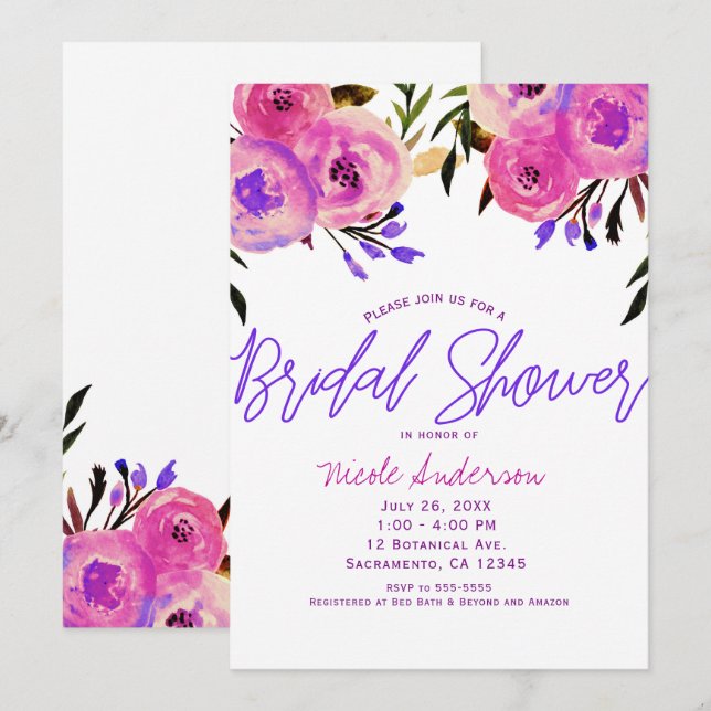 Invitation Fête de mariage florale moderne rose et violet vif (Devant / Derrière)