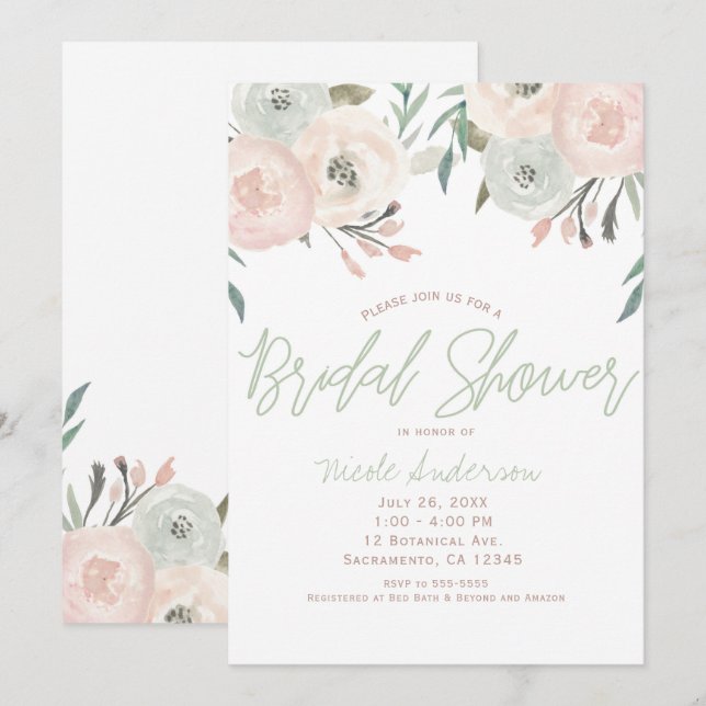 Invitation Fête de mariage florale moderne verte menthe et ro (Devant / Derrière)