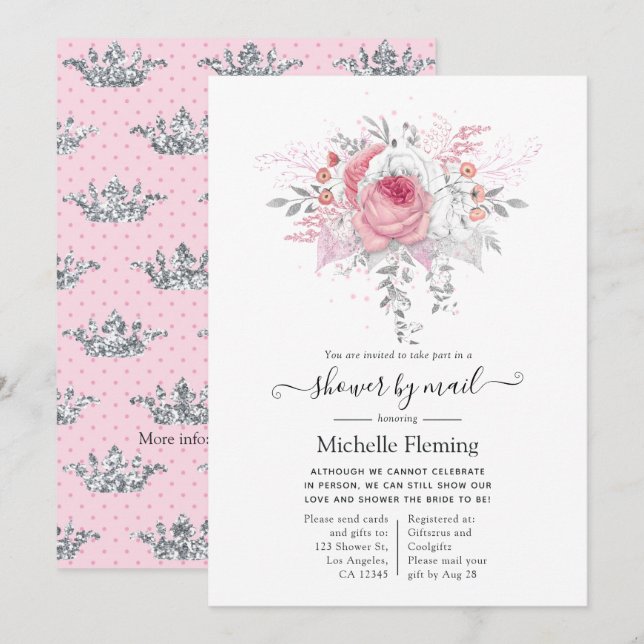 Invitation Fête de mariage florale rose et argent par la post (Devant / Derrière)