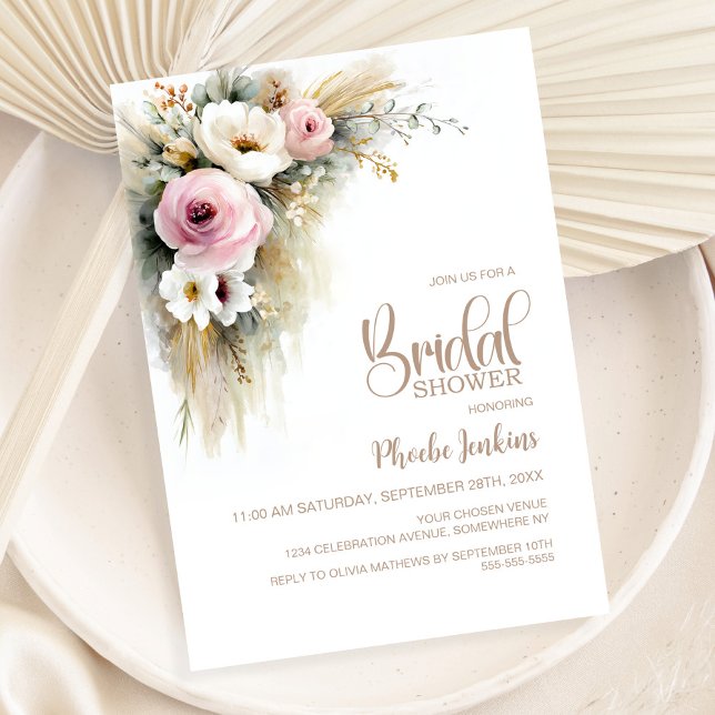 Invitation Fête de Mariage Florale Rose et Blanche Rustique (Créateur téléchargé)