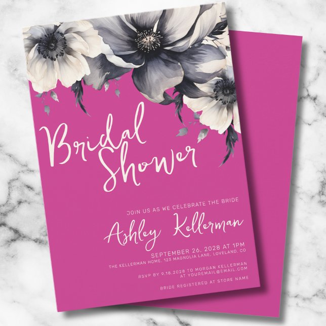 Invitation Fête de mariage florale rose vif (Magenta Pink Girly Elegant Floral Bridal Shower Invitation)