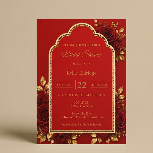 Invitation Fête de Mariage Florale Rouge et Or (Créateur téléchargé)