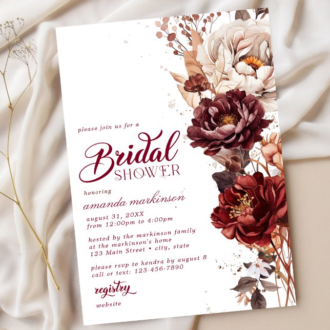 Invitation Fête de Mariage Florale Rustique Bourgogne Mélanco (Créateur téléchargé)
