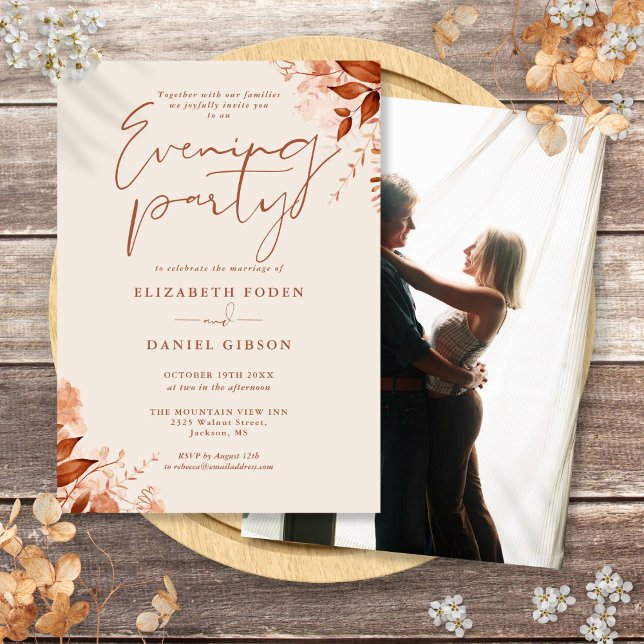 Invitation Fête de mariage florale rustique en soirée photo (Rustic Floral Photo Wedding Evening Party Invitation)