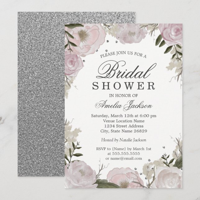 Invitation Fête de mariage florale scintillante argent rose (Devant / Derrière)
