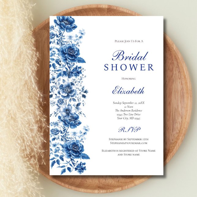Invitation Fête de mariage Florale Toile Bleu Blanc Botanique (Blue Watercolor Florals Toile Chinoiserie Bridal Shower Invitation. Printed or Digital Download)