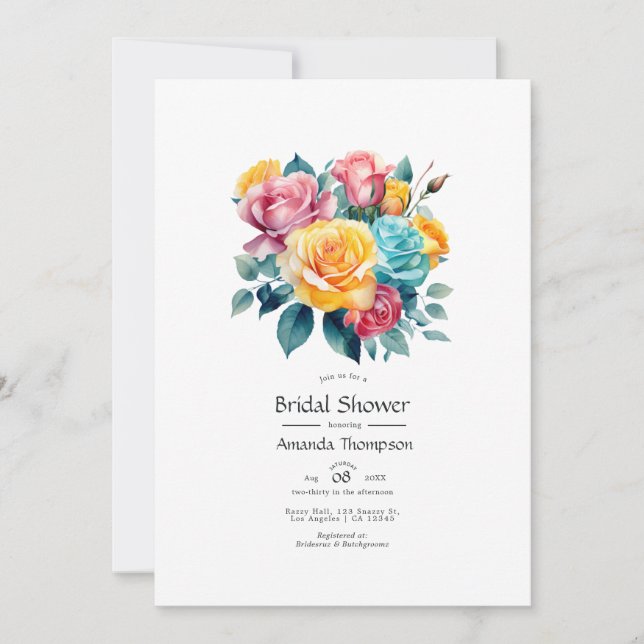 Invitation Fête de mariage florale turquoise, jaune et rose (Devant)