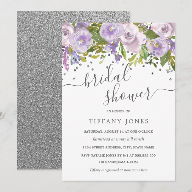 Invitation Fête de mariage Florale Violet Confettis Argentés (Devant / Derrière)