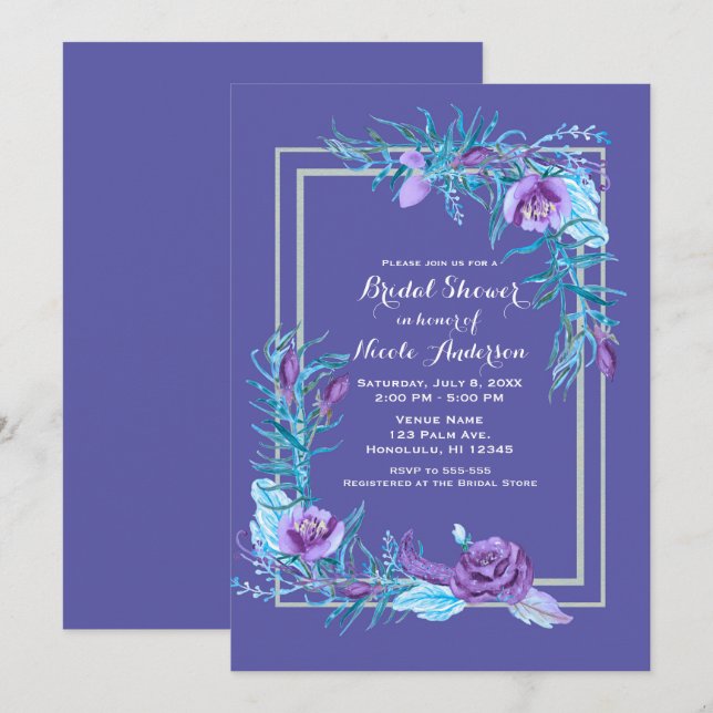 Invitation Fête de mariage Florale Violette et Aqua Ultra Vio (Devant / Derrière)