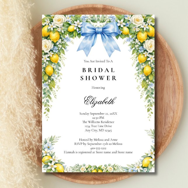 Invitation Fête de mariage Florales Citrons Arc Bleu (Blue Coquette Bow, Mediterranean Lemons Florals Bridal Shower Invitation. Digital or Printed)