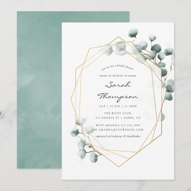 Invitation Fête de mariage géométrique à l'aquarelle Eucalypt (Devant / Derrière)