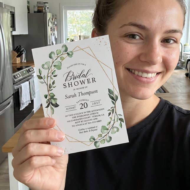 Invitation Fête de mariage géométrique doré à l'eucalyptus ve (Créateur téléchargé)
