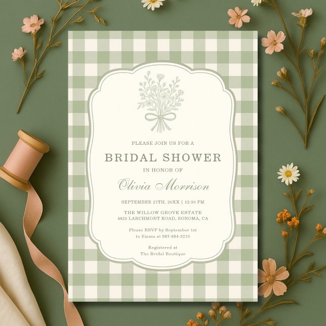 Invitation Fête de mariage gingham floral vert sauge (Créateur téléchargé)