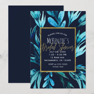Invitation Fête de mariage glamour botanique aquarelle bleue