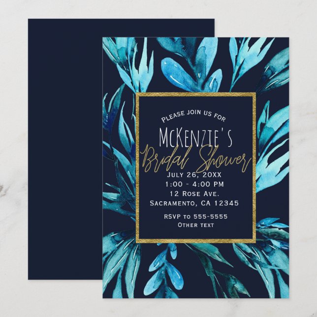 Invitation Fête de mariage glamour botanique aquarelle bleue  (Devant / Derrière)
