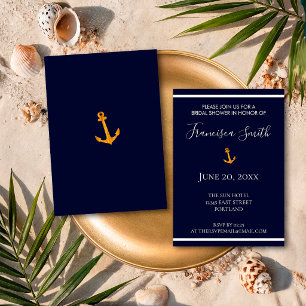 Invitation Fête de mariage Gold Anchor Nautical Bleu Marine