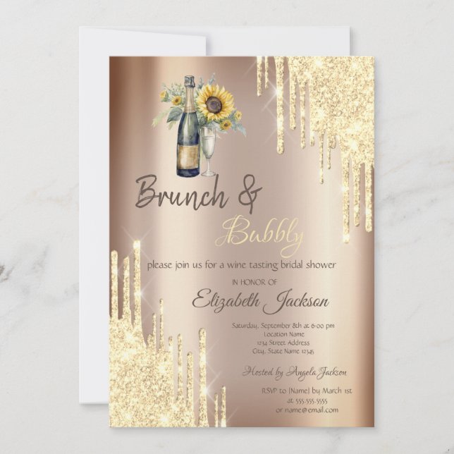 Invitation Fête de mariage Gold Drips, Champagne, Tournesols (Devant)