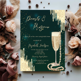 Invitation Fête de mariage Gold  Drips Green Pearls Prosecco 