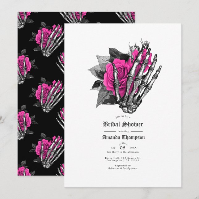 Invitation Fête de mariage gothique florale rose chaud (Devant / Derrière)