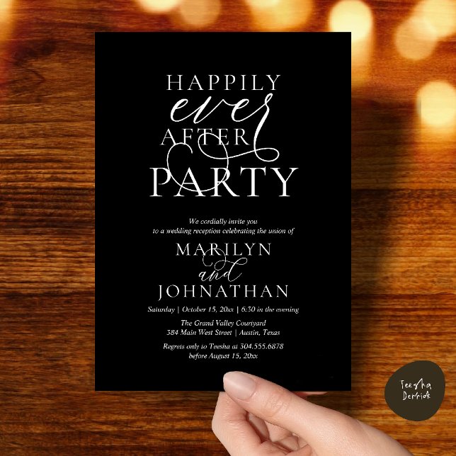 Invitation Fête de Mariage Happily Ever After, Dîner de Maria (Happily Ever After Party, Classy Wedding Dinner Party Invitation Card in Minimalist Black)
