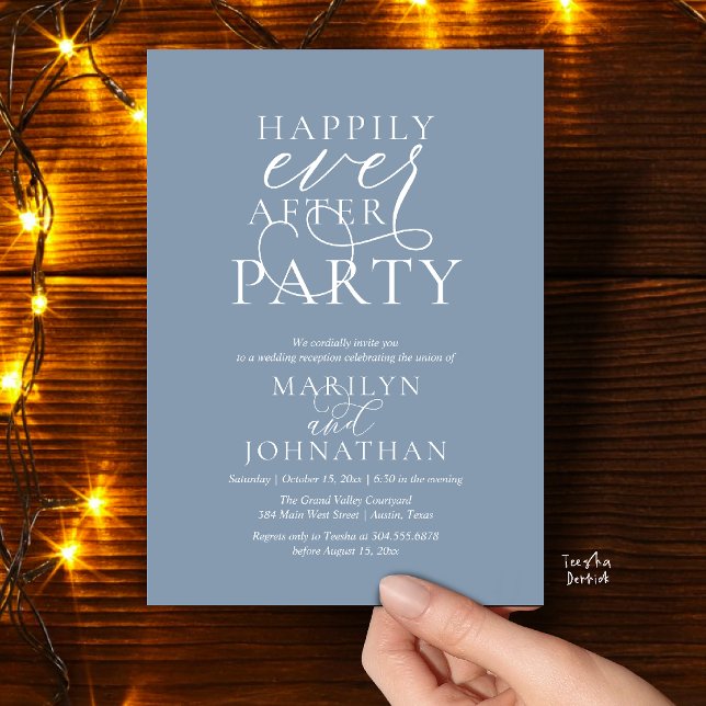 Invitation Fête de Mariage Happily Ever After, Dîner de Maria (Happily Ever After Party, Classy Wedding Dinner Party Invitation Card in Dusty Blue)