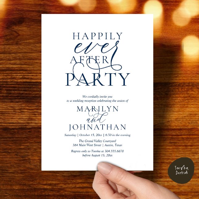 Invitation Fête de Mariage Happily Ever After, Dîner de Maria (Happily Ever After Party, Classy Wedding Dinner Party Invitation Card in Navy Blue)