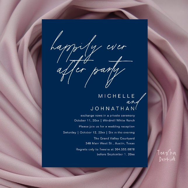 Invitation Fête de Mariage Happily Ever After, Mariage Minima (Happily Ever After Party, Modern Minimal Wedding Invitation Card in Navy Blue)