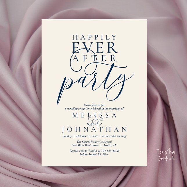 Invitation Fête de Mariage Happily Ever After, Moderne et Élé (Happily Ever After Party, Modern Classy Wedding Invitation Card in Ivory and Navy Blue)