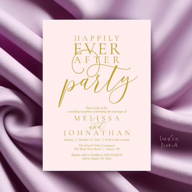 Invitation Fête de Mariage Happily Ever After, Moderne et Élé (Happily Ever After Party, Modern Classy Wedding Invitation Card in Gold and Blush)