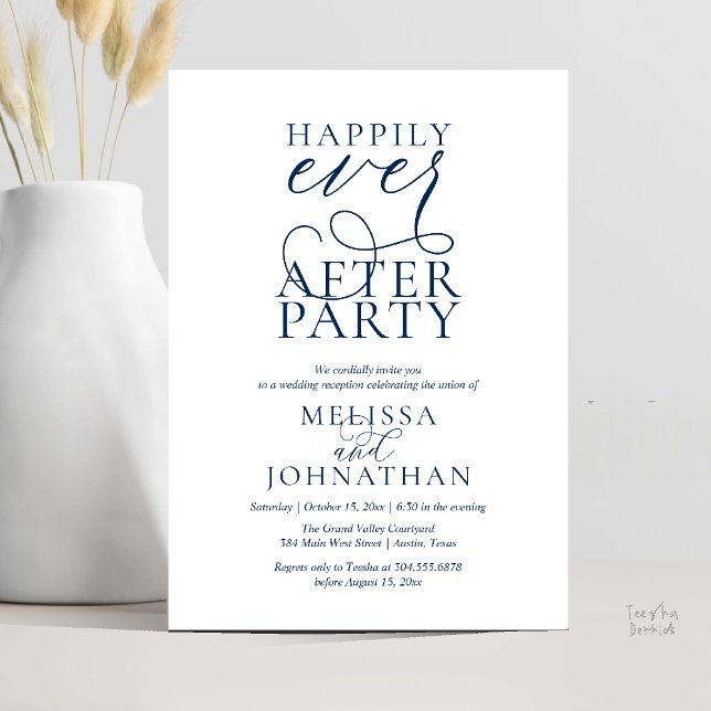 Invitation Fête de Mariage Happily Ever After, Réception de M (Happily Ever After Party, Classy Wedding Reception Modern Dinner Invitation Card PDF Navy Blue)