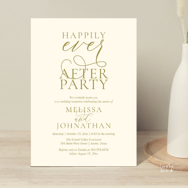 Invitation Fête de Mariage Happily Ever After, Réception de M (Happily Ever After Party, Classy Wedding Reception Modern Dinner Invitation Card PDF Yellow Gold)