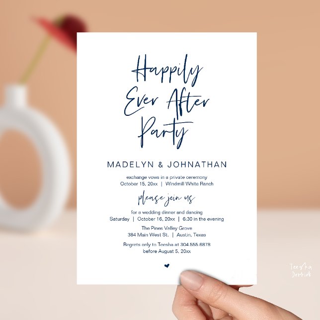Invitation Fête de Mariage "Heureux à Tout Jamais", Dîner de  (Happily Ever After Party, Modern Wedding Reception Dinner Invitation card in navy blue)