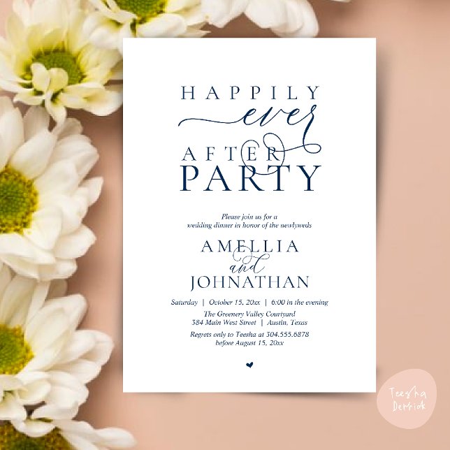 Invitation Fête de Mariage "Heureux à Tout Jamais" Dîner de F (Happily Ever After Party Wedding Elopement Dinner Invitation Card in Navy Blue)