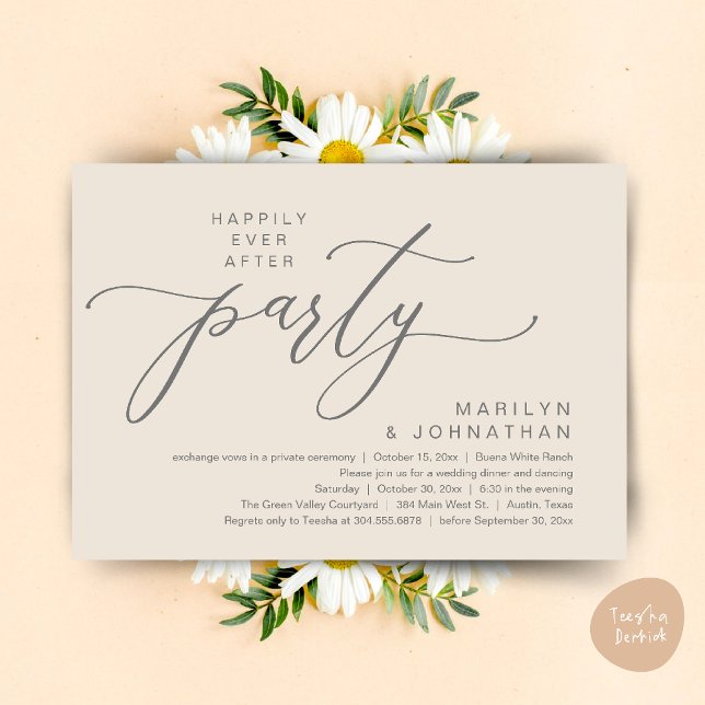 Invitation Fête de Mariage "Heureux à Tout Jamais" Dîner de F (Happily Ever After Party Wedding Elopement Romantic Dinner Brunch Invitation Card PDF Cream Grey)