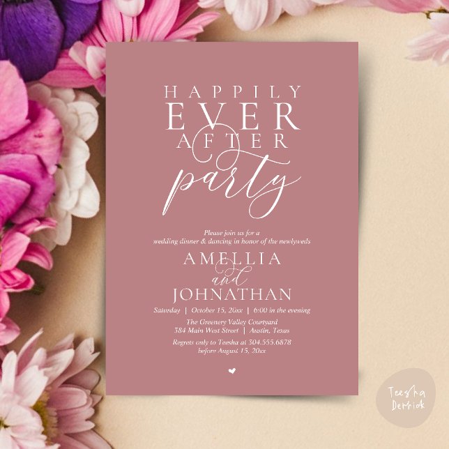 Invitation Fête de Mariage "Heureux à Tout Jamais" Dîner de M (Happily Ever After Party Wedding Elopement Dinner Invitation Card in Dusty Rose Pink)