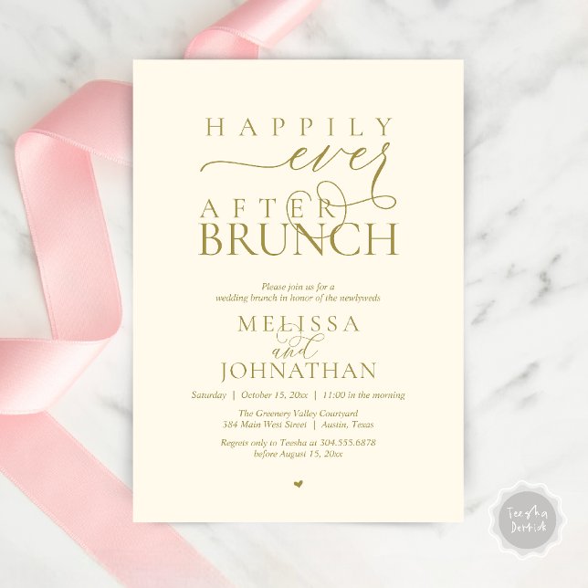 Invitation Fête de Mariage "Heureux à Tout Jamais" Dîner de M (Happily Ever After Brunch Wedding Elopement Celebration Invitation Card in Gold Yellow Cream)